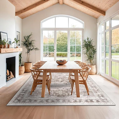 Hazo Haus Beige Farmhouse Washable 7x10 Area Rugs for Living Room, Bedroom, Dining Room Table, Vintage Floral Décor, Non-Slip Stain & Fade Resistant (7x10 Beige/Latte)