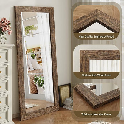 Syndra Modern Full Length Mirror Wood Frame, 65x24'' Large Floor Mirror with HD Tempered Glass & Wall Mount Option, Rectangular Standing Mirror for Bedroom, Living Room, Entryway, Farmhouse(Walnut)