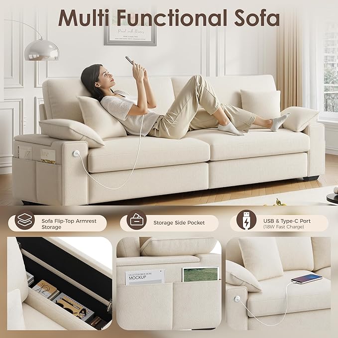 88.58" Modern Loveseat Couches for Living Room, Comfy Sofa with Deep Seat Couch, USB/Type-C Port, Side Storage, Removable Cover, Couches for Living Room Apartment, Beige