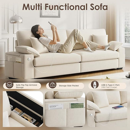 88.58" Modern Loveseat Couches for Living Room, Comfy Sofa with Deep Seat Couch, USB/Type-C Port, Side Storage, Removable Cover, Couches for Living Room Apartment, Beige