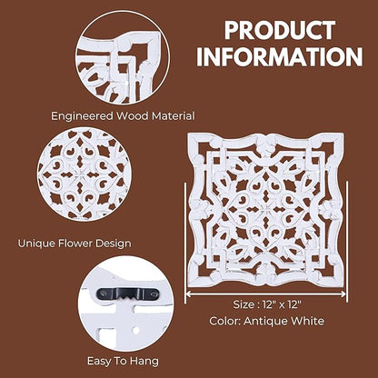 Wall Panels for Living Room & Bedroom – Hand-Carved Decorative Wood Wall Art Set of 6, 12x12" White Antique, Rustic Home Décor,Elegant Decorative Wall Art for Home & Office