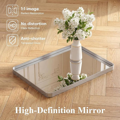 NEWBULIG 30X36 Inch Bathroom Mirror for Over Sink, Wall Vanity Mirrors Tempered Glass, Anti-Rust Metal Framed Rounded Rectangle, Hangs Horizontally or Vertically, Farmhouse Home Decor, Silvery