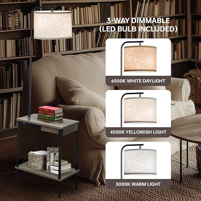 EOEYYOYB Floor Lamp with Table & Drawers, End Table Lamp with USB Charging Portt Power Outlet and Shelves, Side Table Reading Light with 3 Color Temperature Led Bulb Included for Living Room, Gray