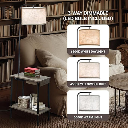 EOEYYOYB Floor Lamp with Table & Drawers, End Table Lamp with USB Charging Portt Power Outlet and Shelves, Side Table Reading Light with 3 Color Temperature Led Bulb Included for Living Room, Gray