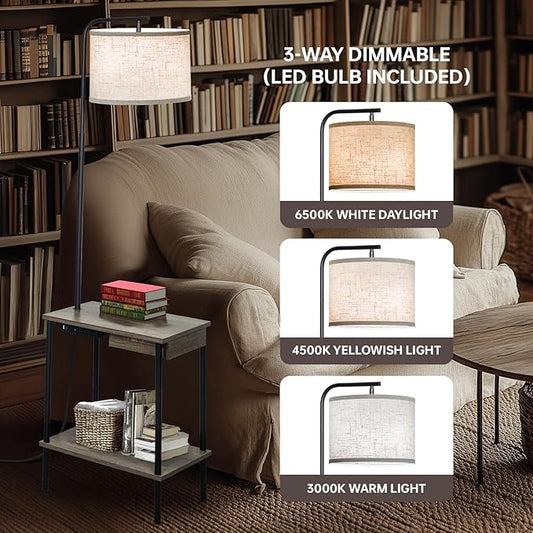 EOEYYOYB Floor Lamp with Table & Drawers, End Table Lamp with USB Charging Portt Power Outlet and Shelves, Side Table Reading Light with 3 Color Temperature Led Bulb Included for Living Room, Gray