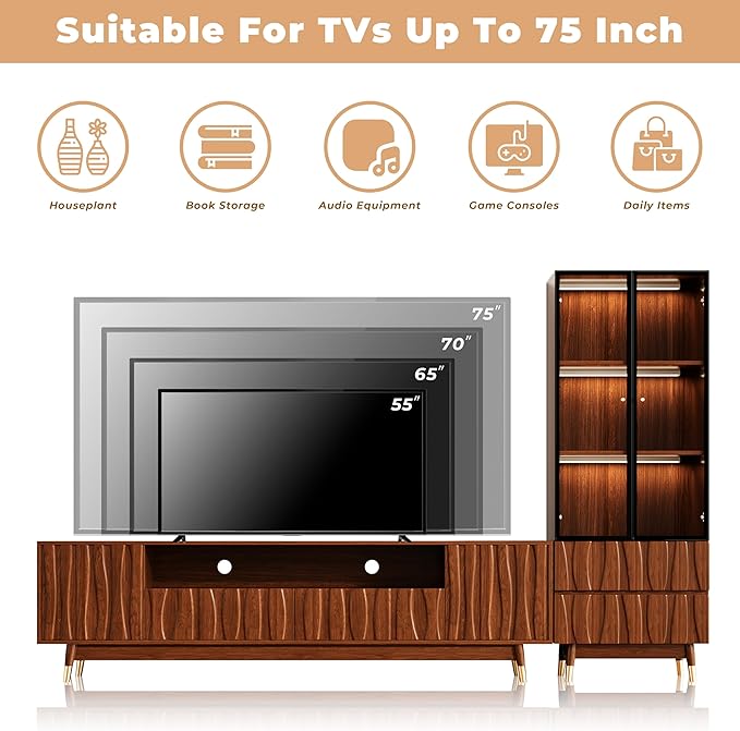 102" Walnut Finish Entertainment Center for 55/65/75 inch TV, Included 78.7'' TV Stand, Glass Display Cabinet and Coffee Table, 3-Piece Brown Mid Century Modern Wood Media Console for Living Room