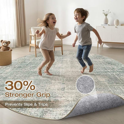 10ft Round Rug Living Room: 10x10 Washable Large Neutral Green Circle Area Rug Abstract Soft Modern Stain Resistant Indoor Floor Non-Slip Carpet for Bedroom Nursery Kids Office Playroom Dining Room