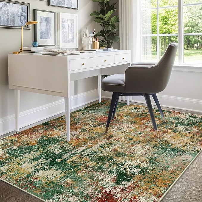 RELEANY Washable Area Rugs 6'x9' Non-Slip Modern Abstract Soft for Living Room Entryway Bedroom Nursery, Print Pattern, Green Orange Rust Red Cream Colorful