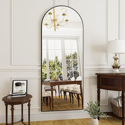 Rowjut Full Length Mirror Arched Floor Length Mirrors, 71"x26" Large Full Body & with Stand & Arch Wall Mounted & Standing Mirror for Bedroom Living Room, Aluminum Frame, Black