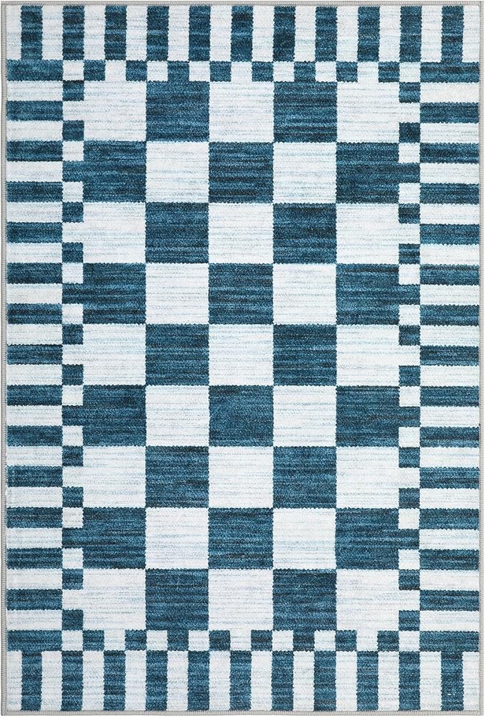 GarveeHome Blue and White Checkered Rug 2x3 Washable Rug Non-Slip for Entryway, Soft Low-Pile Small Area Rugs, Modern Geometric Rugs for Kitchen