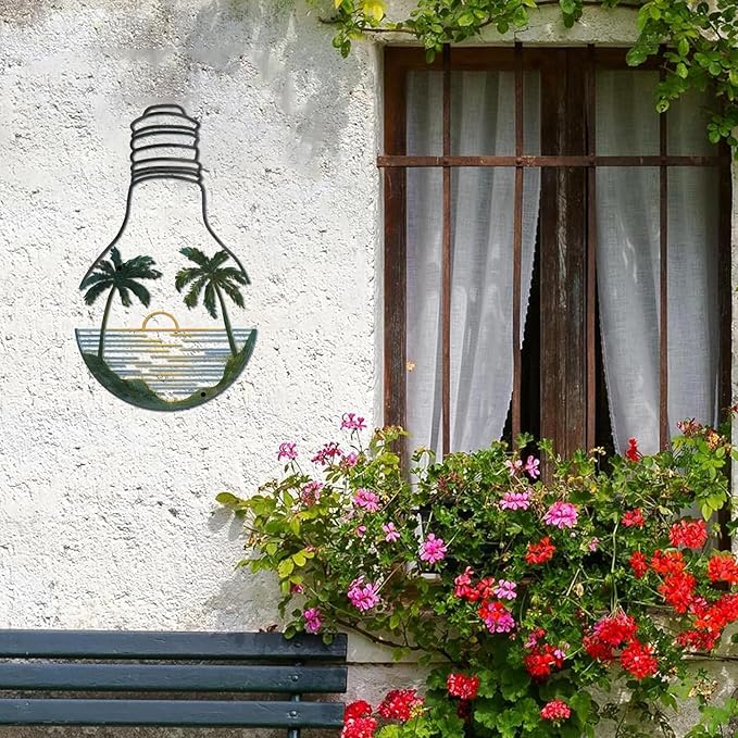 ESTART Metal Pine Tree Wall Art, Metal Bulb Wall Decor, Nature Rustic Farmhouse Cabin Decor, Forest Wall Art for Home Living Room Bedroom Office Indoor and Outdoor Decoration (Colorful)