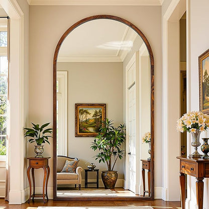 Full Length Mirror 76"×41" Floor Mirror Standing Tall Mirror, Arched Stand up Large Wall Mirrors, Freestanding Full Body Mirrors for Bedroom Living Room Wood Antique Style Walnut