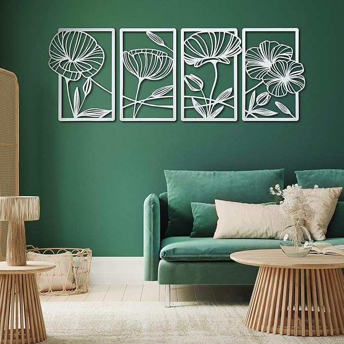 4 Pcs Metal Wall Art 16.5 x 11.8'' Line Art Wall Decor Floral Minimalist Decor Hanging Flower Aesthetic Modern for Living Room Bedroom Bathroom Kitchen Decoration(White)