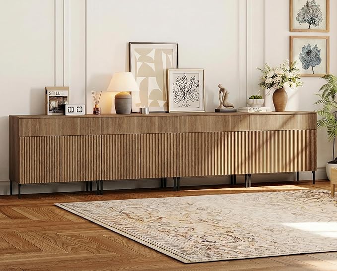 WAMPAT Large Fluted TV Stand TVs up to 120 inch, 126" W Modern TV Entertainment Center with Storage and 4 Drawers & 8 Doors, Wood Media TV Console Table with Storage for Living Room, Light Walnut