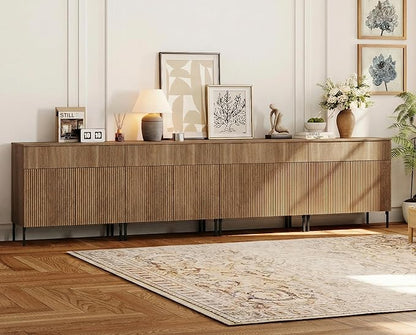 WAMPAT Large Fluted TV Stand TVs up to 120 inch, 126" W Modern TV Entertainment Center with Storage and 4 Drawers & 8 Doors, Wood Media TV Console Table with Storage for Living Room, Light Walnut