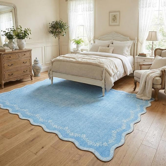 GarveeHome 5x7 Scalloped Area Rug Blue Washable Rugs for Living Room Bedroom, Soft Low Pile Non Slip Accent Floor Mat Solid Floral Print Throw Rug Indoor Carpet for Dorm Playroom