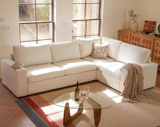 ELUCHANG 113" V-Shaped Modular Sectional Sofa Couch, Modern 4-Seat Comfy Linen Deep Seat Sofa with Corner, Removable Cover, Easy Assembly, Large Sofas & Couches for Living Room, Office, Beige