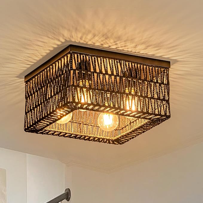 Rpzloila Black Rattan Ceiling Light, 4-Light Boho Light Fixture, Square Flush Mount Ceiling Light for Bedroom, Hallway, Entryway, Kitchen, Living Room