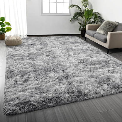 Deerhoo Large Shag Area Rugs 8 x 10, Tie-Dyed Plush Fuzzy Rugs for Living Room, Ultra Soft Fluffy Furry Rug for Bedroom, Indoor Carpet Nursery Rugs for Kids Room Home Decor, Light Grey