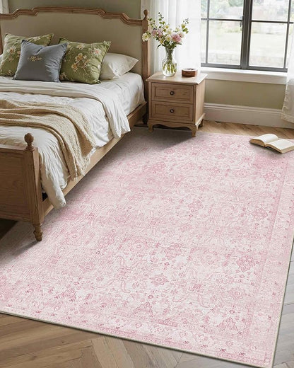 Rugxara 4x6 Rug for Living Room Bedroom, Pink Washable Throw Rugs, Vintage Retro Boho Area Rugs, Non Slip & Low Pile Accent Carpet for Indoor Nursery Room, Dining Room, Kids Girls Room