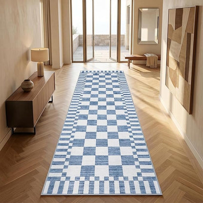 GarveeHome 2.5×8 Kitchen Runner Rug Non Slip,Dark Blue Checkered Rug,Washable Runner Rug for Hallway Soft Low-Pile Geometric Checkerboard Rugs for Entryway Kitchen Dining Room