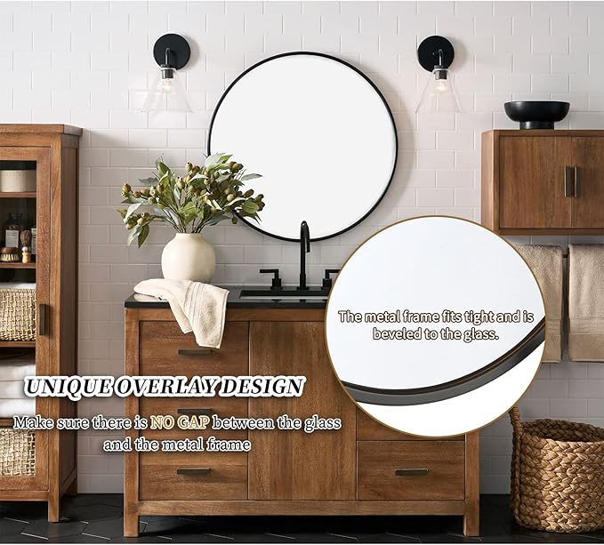G-LEAF Black Round Mirror 24 inch, Circle Mirror for Bathroom, Entryway, Vanity, Living Room, Round Bathroom Mirror for Wall