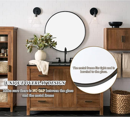 G-LEAF Black Round Mirror 24 inch, Circle Mirror for Bathroom, Entryway, Vanity, Living Room, Round Bathroom Mirror for Wall