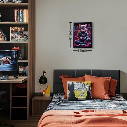 Framed Gamer Cat Canvas Wall Art, Kitten Playing Video Game Wall Decor, Cool Controller Neon Oil Painting, Boys Bedroom Gaming Room Canvas Print Poster 8x10 Inch