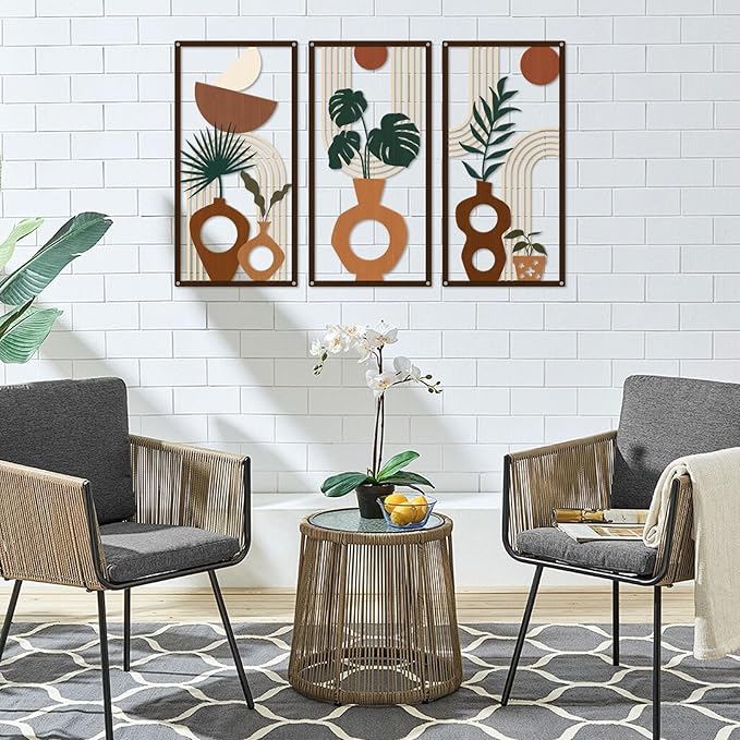 ShxTrade Boho Metal Wall Art Set of 3, Minimalist Botanical Wall Decor with Vase & Plant Silhouettes,Geometric Modern Mid Century Modern Artwork Art for Living Room Bedroom Bathroom Office
