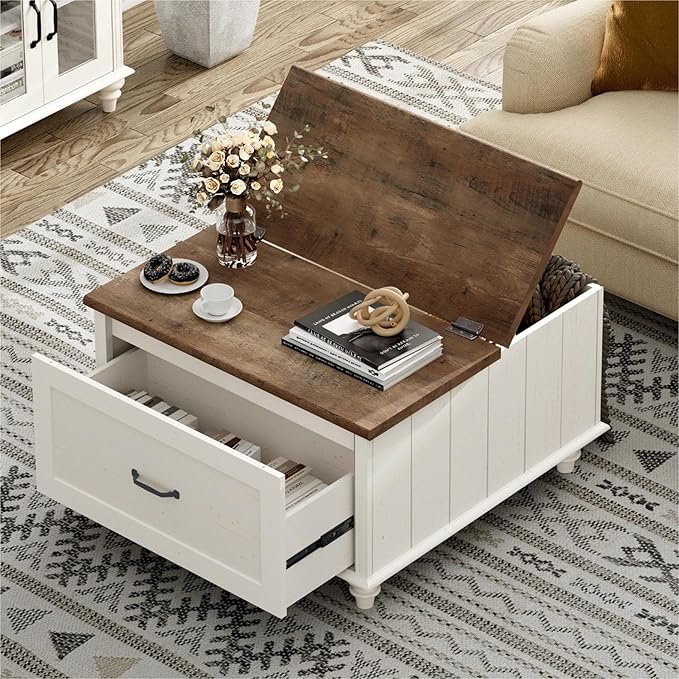 WAMPAT Farmhouse TV Stand and Coffee Table Set of 2, Square Coffee Table with Lift Top & Drawer, White Entertainment Center for 70 Inch TV, 2 Piece Living Room Table Set, White