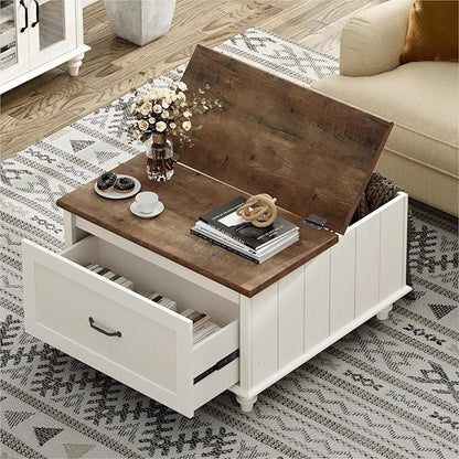 WAMPAT Farmhouse TV Stand and Coffee Table Set of 2, Square Coffee Table with Lift Top & Drawer, White Entertainment Center for 70 Inch TV, 2 Piece Living Room Table Set, White