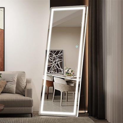 Hasipu Full Length Mirror with Lights, 61" x 22" LED Floor, Full Body Dressing Standing, Hanging Mounted Mirror, Round White