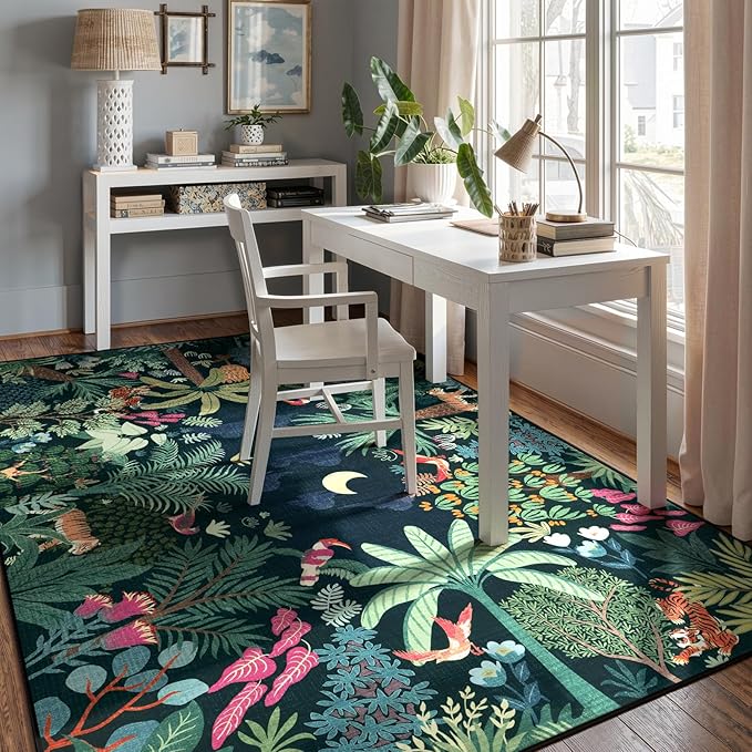 LIVEBOX 6x9 Jungle Dark Rug Dining Room Rugs for Under Table, Soft Modern Green Rugs for Living Room, Washable Kids Rug for Boy Bedroom, Non-Skid Kids Carpet Playmat for Play
