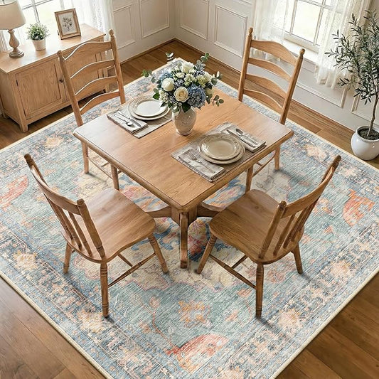 RELEANY Area Rugs Square 8ft Washable Non-Slip, Floral Vintage Distress Print Pattern Medallion Carpet for Living Room Bedroom Dining Room, Blue Orange Red