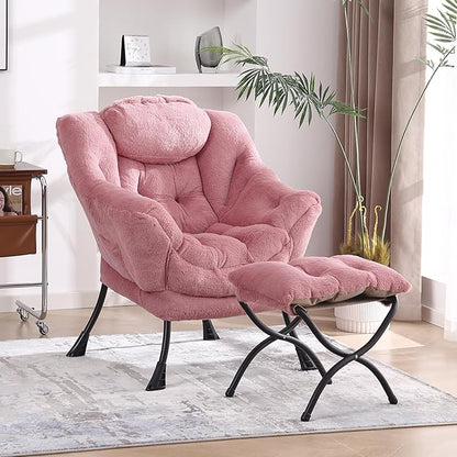 MBOOYOME Lazy Chair with Folding Ottoman, Modern Accent Armchair with Armrests and a Side Pocket & Foldable Footstool, Reading Chair for Living Room, Bedroom & Dorm, Plush Dark Pink