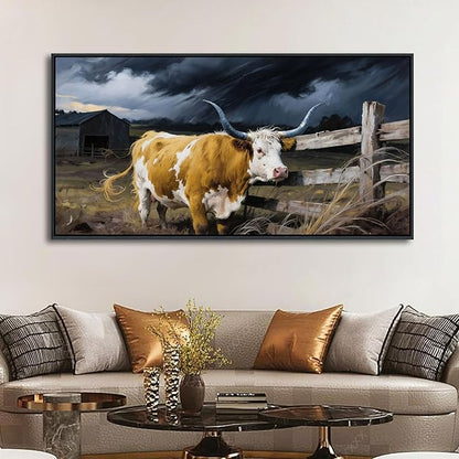 Highland Cow Wall Art - Rustic Pictures for Living Room,Framed Country Wall Decor, Vintage Artwork for Walls, Longhorn Cow wall Decor - Large Farmhouse Canvas for Bedroom 20×40IN