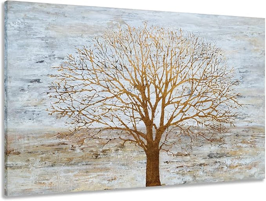 Yihui Arts Canvas Wall Art for Living Room, Gray Wall Decor Long Nature Tree Painting Large Abstract Canvas Artwork Contemporary Pictures Modern Landscape for Office Decoration