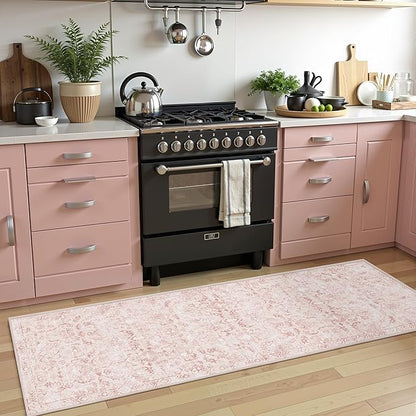 Pink 2x6 Runner Rug for Hallways Bed Side Kitchen, Boho Washable Distressed Low-Pile Floor Entryway Long Bathroom Mat, Non-Slip Laundry Room Washstand Front Carpet Green 24x72 Inch