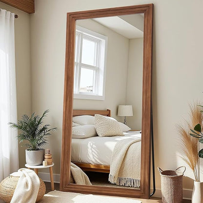 Antok Full Length Mirror with Solid Wood Frame, 71"×32" Wall Mounted Oversized Floor Mirror with Stand, Leaning Standing Hanging for Bedroom Living Room Entryway, Brown, Rect Style