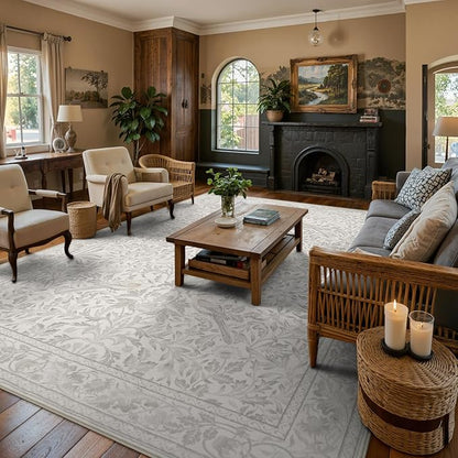 Lahome Bird Area Rugs 9x12 Living Room Bedroom, Soft Washable Rugs 9x12 Ultra-Thin Non-Slip, Vintage Dining Room Rug Non-Shedding Botanical Carpet for Office, Beige