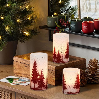 Christmas Tree Flameless Flickering Candles Battery Operated with 6H Timer, 3 Pack Real Wax Warm Light LED Pillar Candles Dinner Tabletop Holiday Centerpiece Decor 3" x 6"