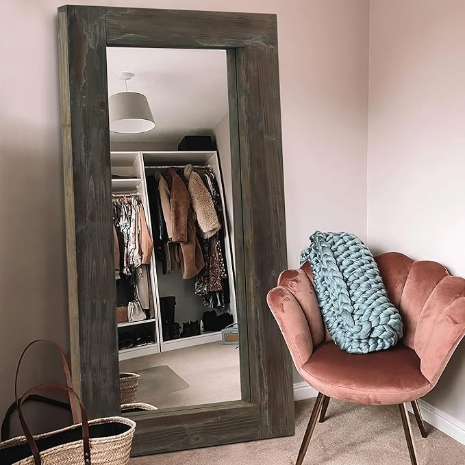NeuType Floor Mirror Full Length, 71x32in Rustic Wood Frame Full Body Dressing Mirror, Wall-Mounted or Leaning Against Wall Standing Mirror, Farmhouse Decor for Bedroom Living Room,Retro Brown