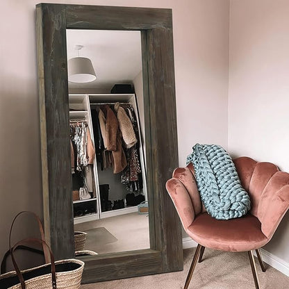 NeuType Floor Mirror Full Length, 71x32in Rustic Wood Frame Full Body Dressing Mirror, Wall-Mounted or Leaning Against Wall Standing Mirror, Farmhouse Decor for Bedroom Living Room,Retro Brown