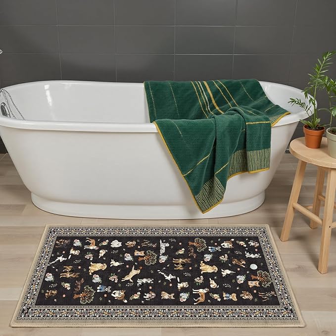Black Floral Dog Rug for Entryway, 2x3 Washable Kitchen Mat Ultra-Thin Soft, Non-Slip Indoor Door Carpet Stain Resistant Boho Small Low-Pile Throw for Bathroom Bedroom (2 x 3, Black)
