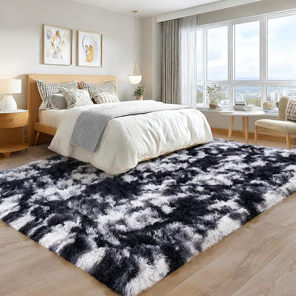 8x10 Area Rugs for Living Room Bedroom, Ultra Soft Fluffy Black and White Large Rug Carpet for Bedroom, Upgrade Non-Slip Fuzzy Shag Plush Rugs for Nursery Boys Girls Kids Room Modern Indoor Home Decor