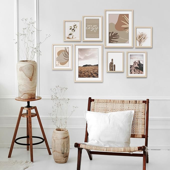 ArtbyHannah Gallery Wall Frame Set for Stairway, Neutral Wood Picture Frames Collage Wall Decor for Living Room, Entry, 8 Pack Assorted Size-11"x14", 8"x10", 6"x8"
