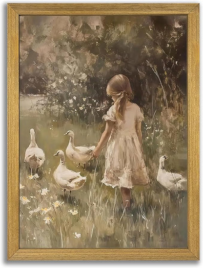 Wood Framed Canvas Wall Art, Vintage Girl with Ducks Painting Poster, Countryside Pastoral Landscape Print Picture, Rustic Farmhouse Wall Decor for Living Room Bedroom Nursery 16x24 inch