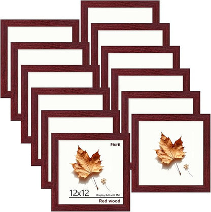 Picrit 12x12 Picture Frame Set of 12, Display 8x8 with Mat or 12 x 12 without Mat, Photo Frames for Wall Mounting Display, Dark Red Wood