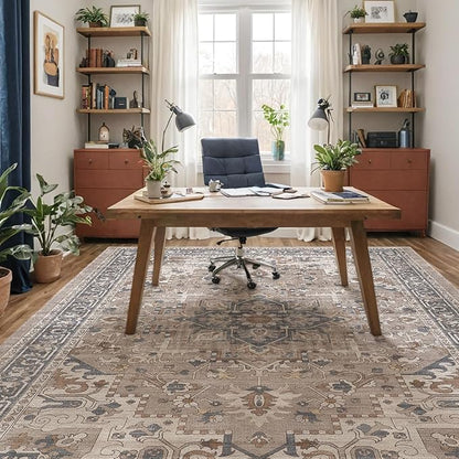 DEXI Area Rugs for Living Room, Washable Low Pile Vintage Traditional Rug for Bedroom, Non Slip Indoor Carpet for Dining Office Nursery, 5x8, Beige Blue