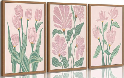 3 Pcs Pink Tulips Flowers Canvas Wall Art Boho Pink and Green Abstract Floral Botanical Paintings Pictures Wall Decor Poster Print Artwork for Living Room Bedroom Home Decoration Unframed